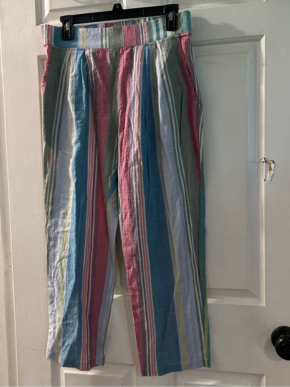 Anthropologie Multicolor Striped Linen Blend Pants — Pink, Blue, Green, White
